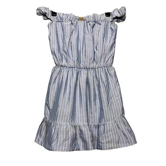 CELINE Off-The-Shoulder Gathered Mini Dress Blue Striped Silk Classic French - Picture 1 of 13